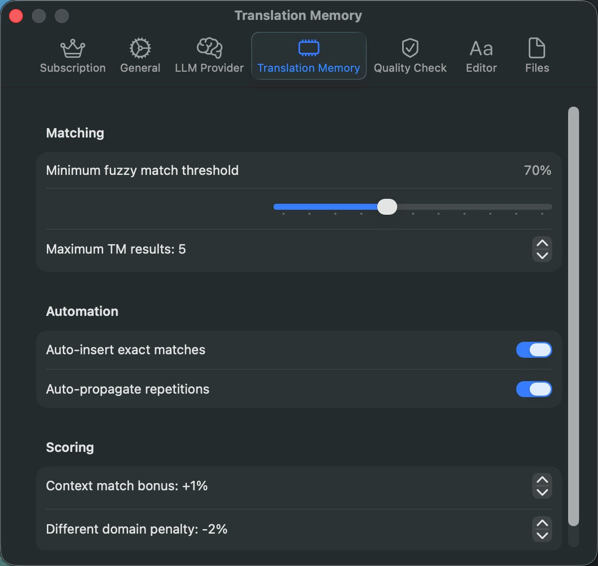 Translation Memory Settings